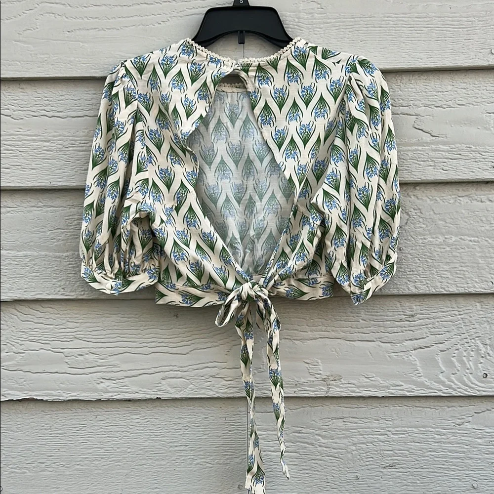 Zara Sophia Puff Sleeve Crop Open Back Blouse Large NWT